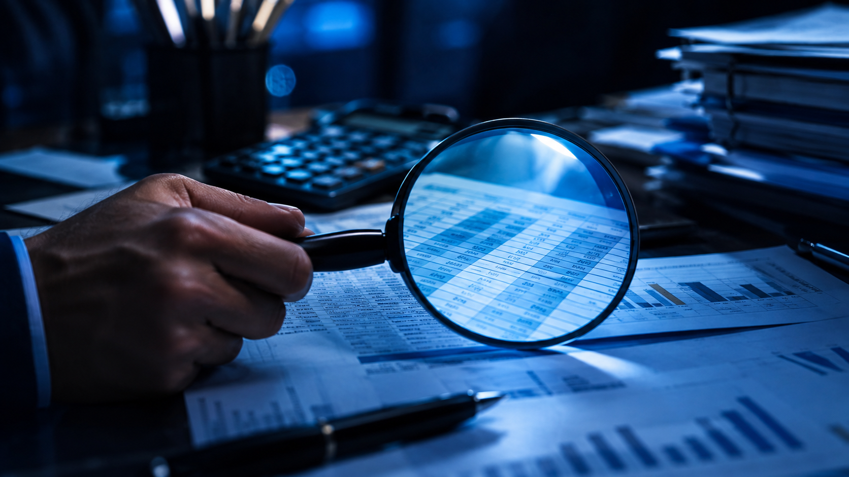 Lupa sobre planilhas financeiras e notas fiscais em mesa de escritório