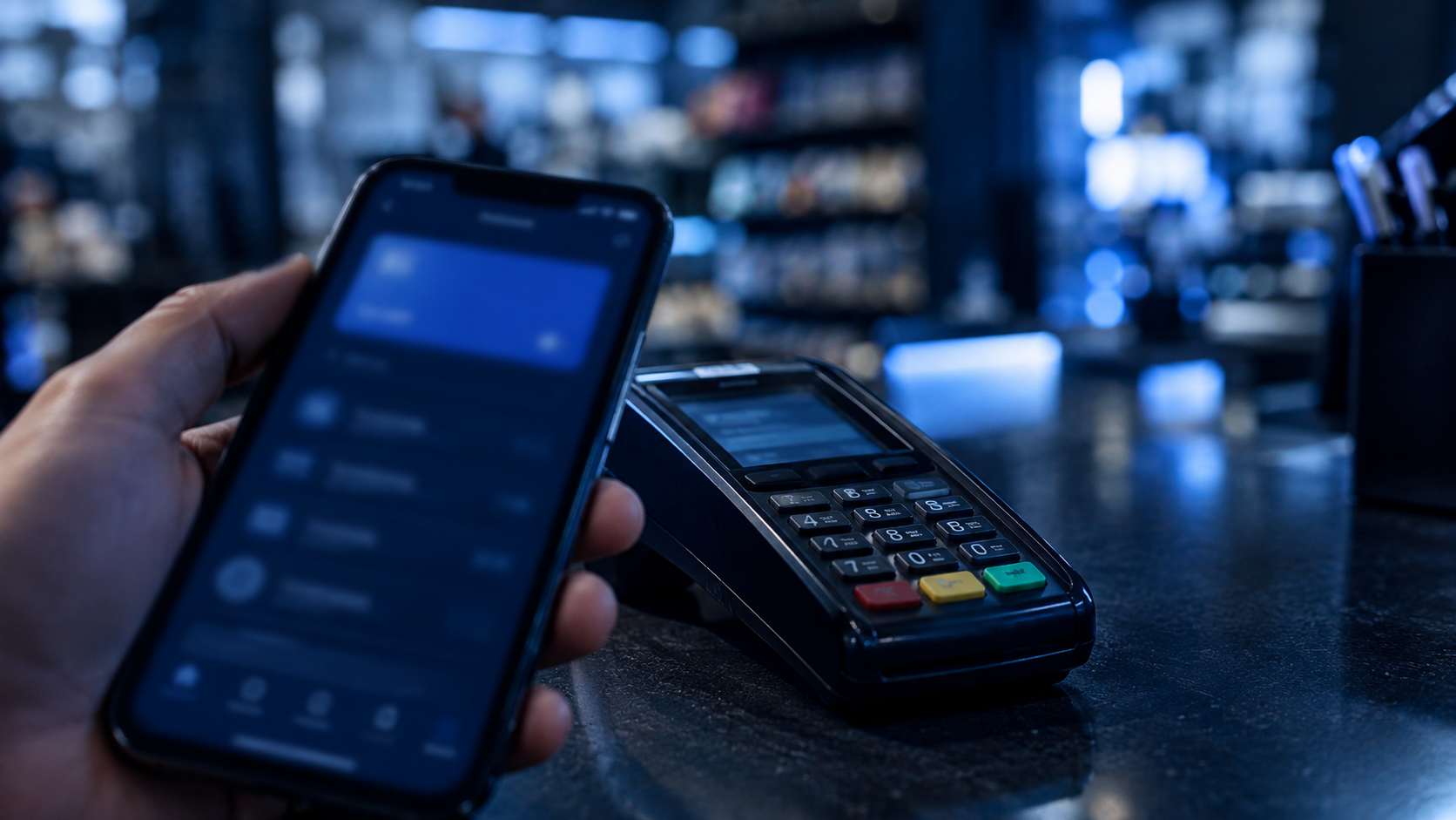 Celular com aplicativo bancário ao lado de maquininha de cartão em balcão de comércio
