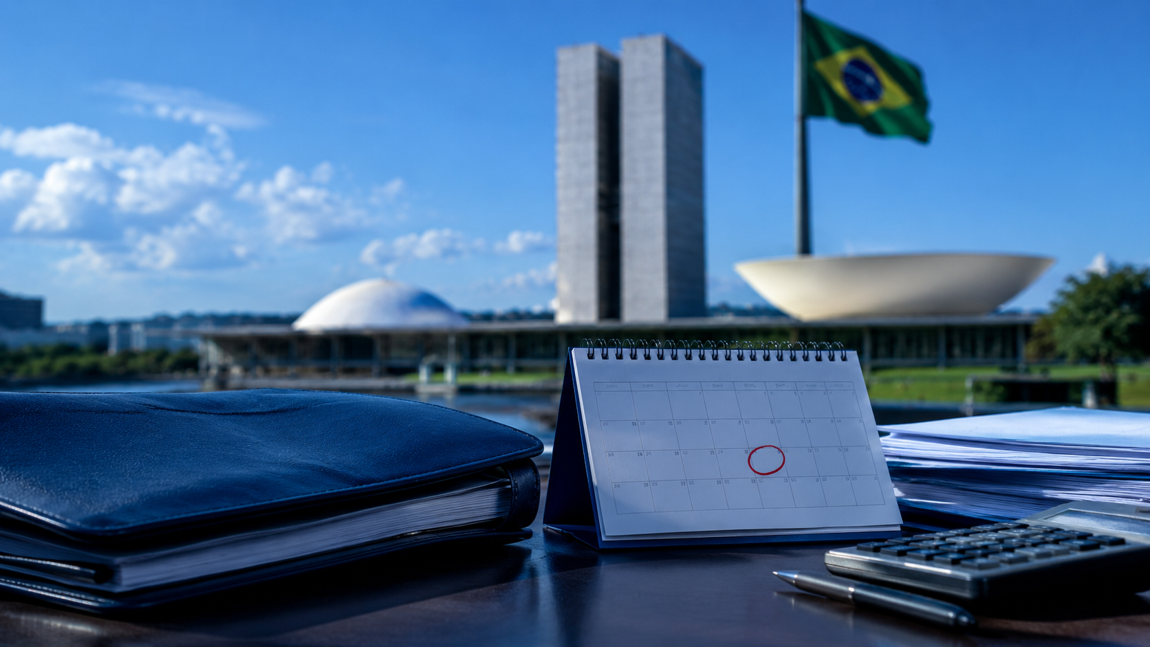 Calendário de mesa e documentos com prédio público de Brasília ao fundo